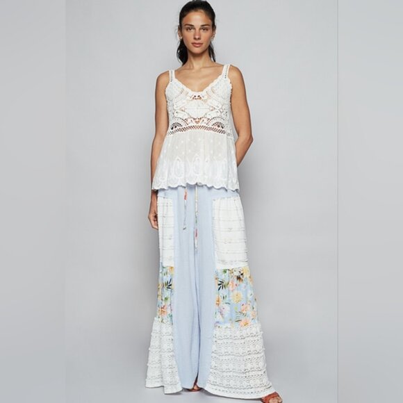 POL FLARE DOUBLE GAUZE PANTS WITH LACE DETAILS PRINTED PATCHWORK Final Sale! - Picture 2 of 4